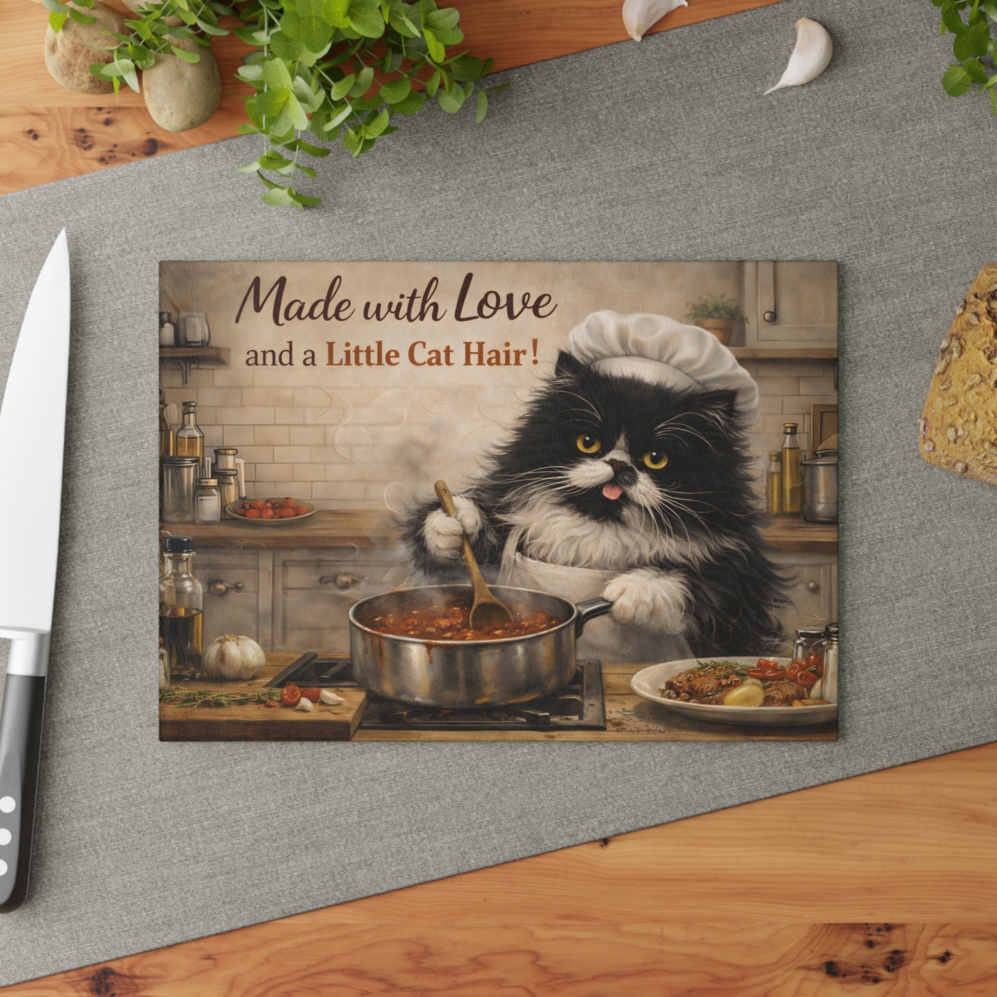 Made with Love and a Little Cat Hair Glass Cutting Board – Funny Cat Kitchen Art