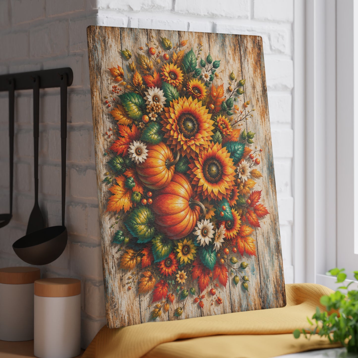 Autumn Sunflower & Pumpkin Glass Cutting Board – Rustic Fall Harvest Kitchen Decor