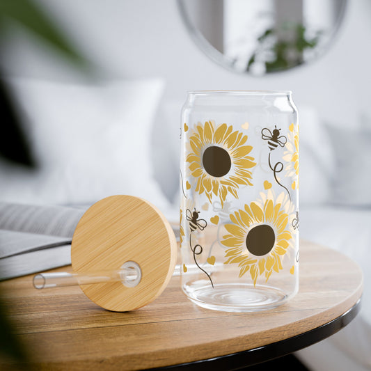 🌻 Sunflower & Bees Sipper Glass – Brighten Your Day with Every Sip 🐝