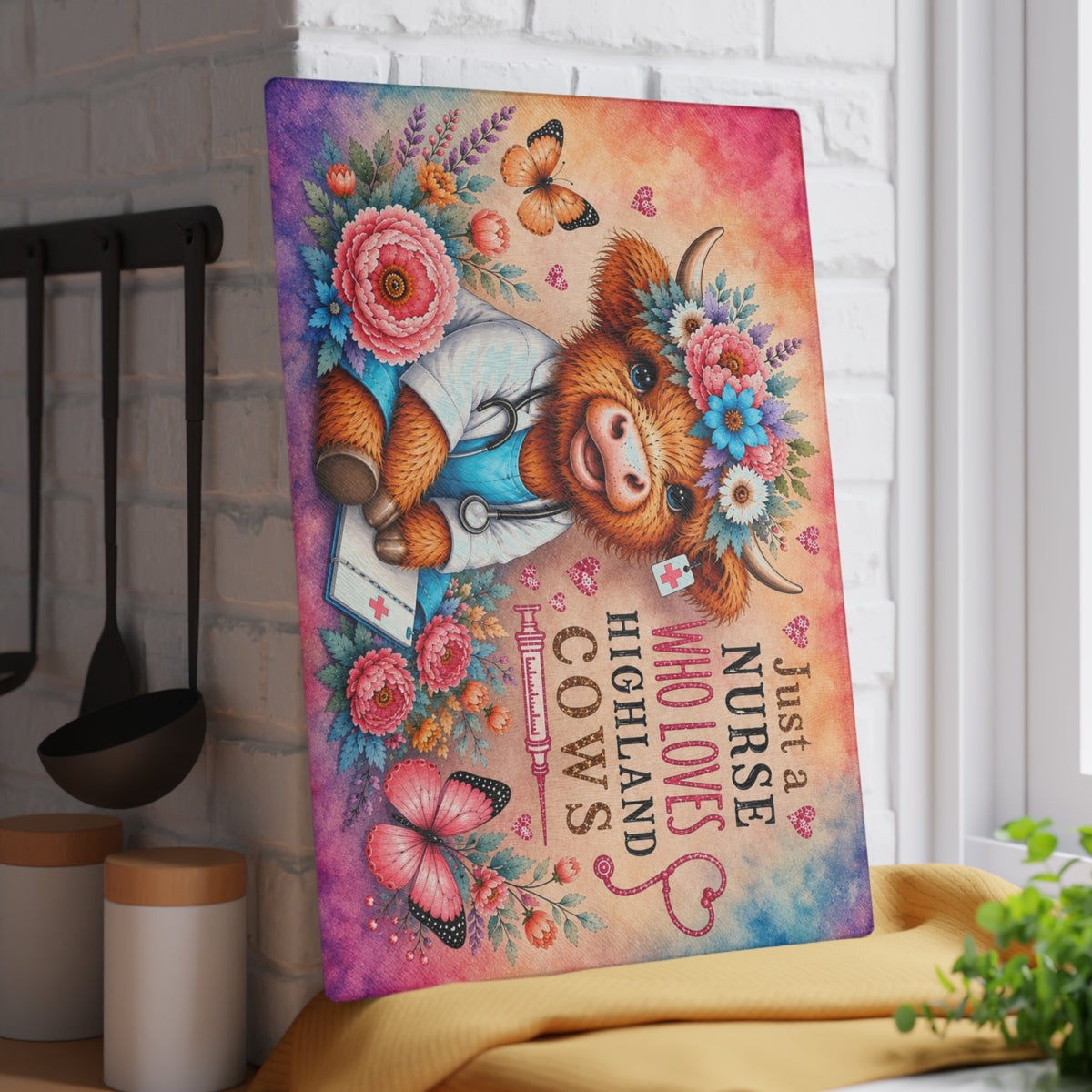 Nurse Highland Cow Glass Cutting Board – Colorful Floral Nurse Gift with Butterflies & Medical Theme