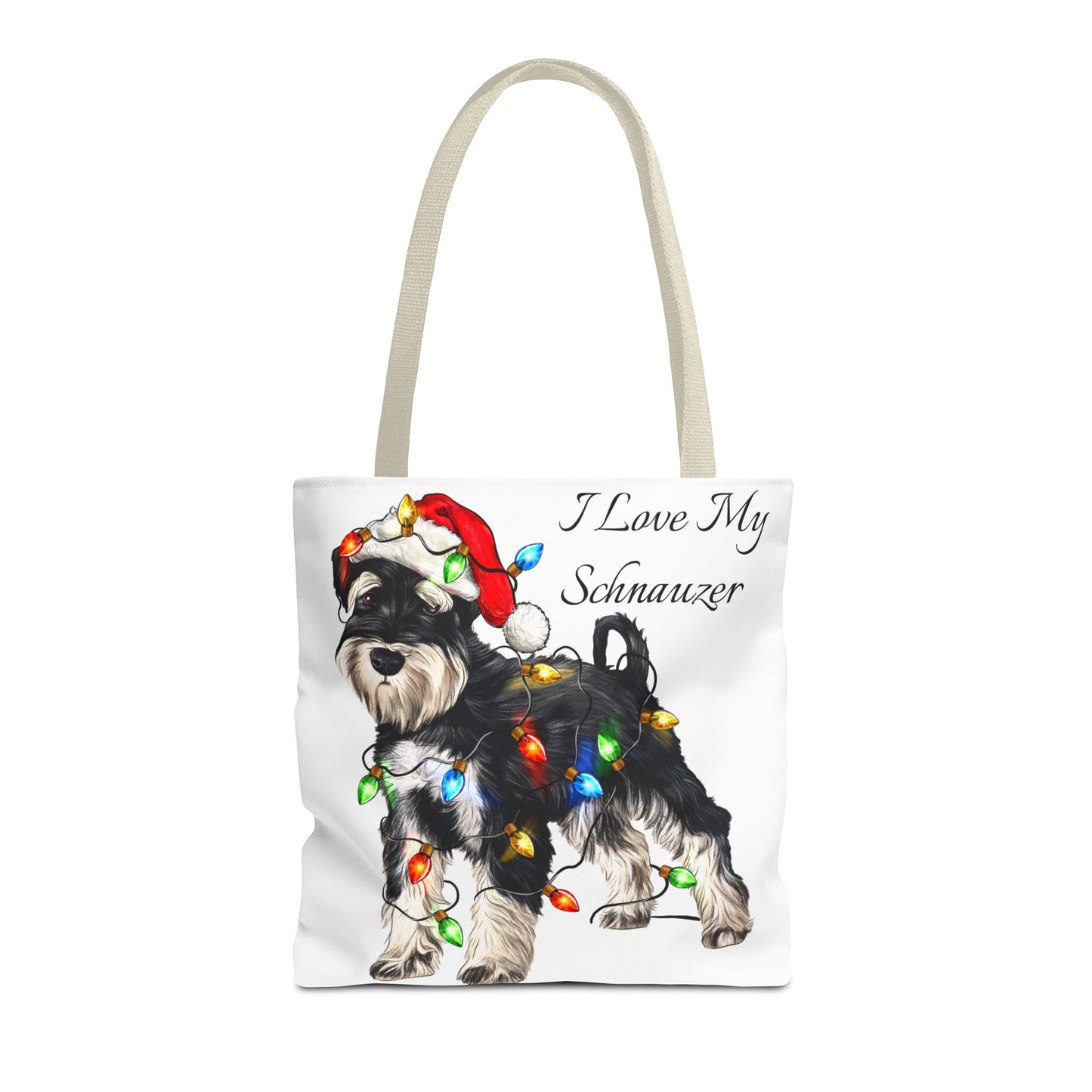 🎄 I Love My Schnauzer Tote Bag – Christmas Lights & Holiday Woofs 🐾