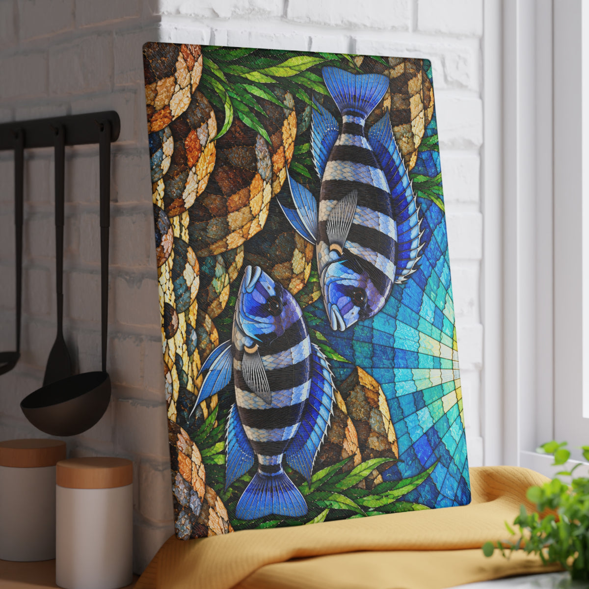 Blue Cichlids Stained-Glass-Look Glass Cutting Board – Aquarium Fish Kitchen Decor