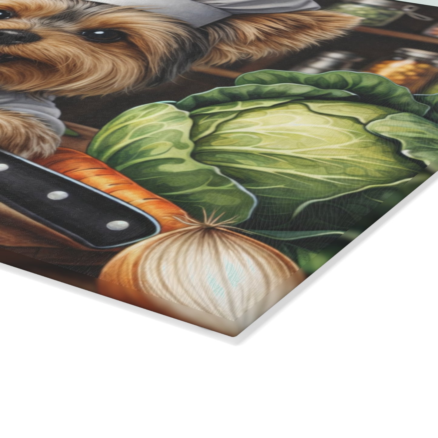 Yorkshire Terrier Chef Glass Cutting Board – “Where’s My Treat!” Playful Kitchen Art