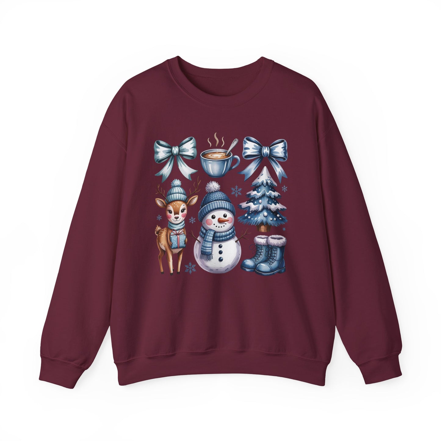 ❄️💙 Cozy Winter Vibes Crewneck – Reindeer, Snowman, Cocoa & Bows