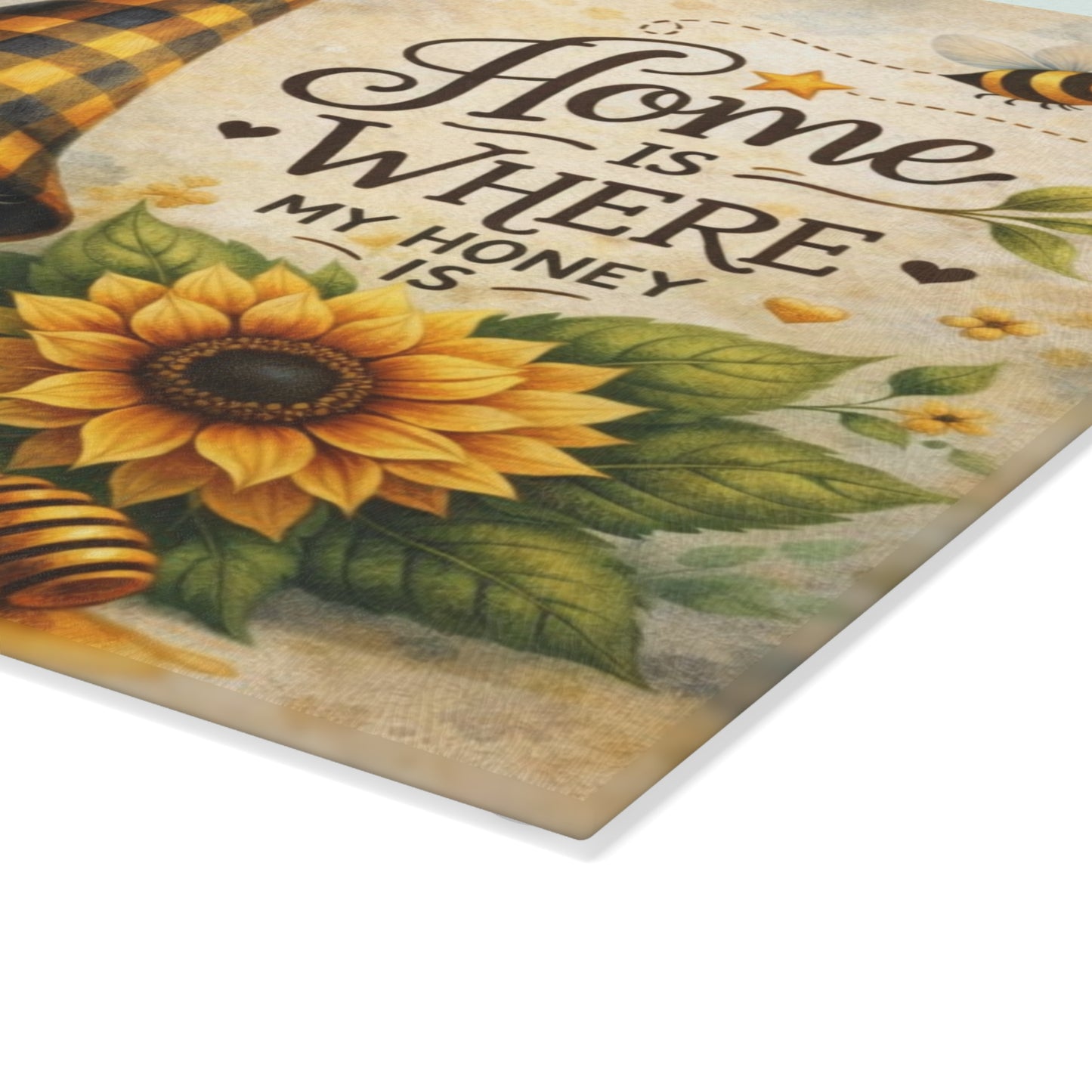 Sunflower Honey Gnome Glass Cutting Board – Cozy Farmhouse Kitchen Decor
