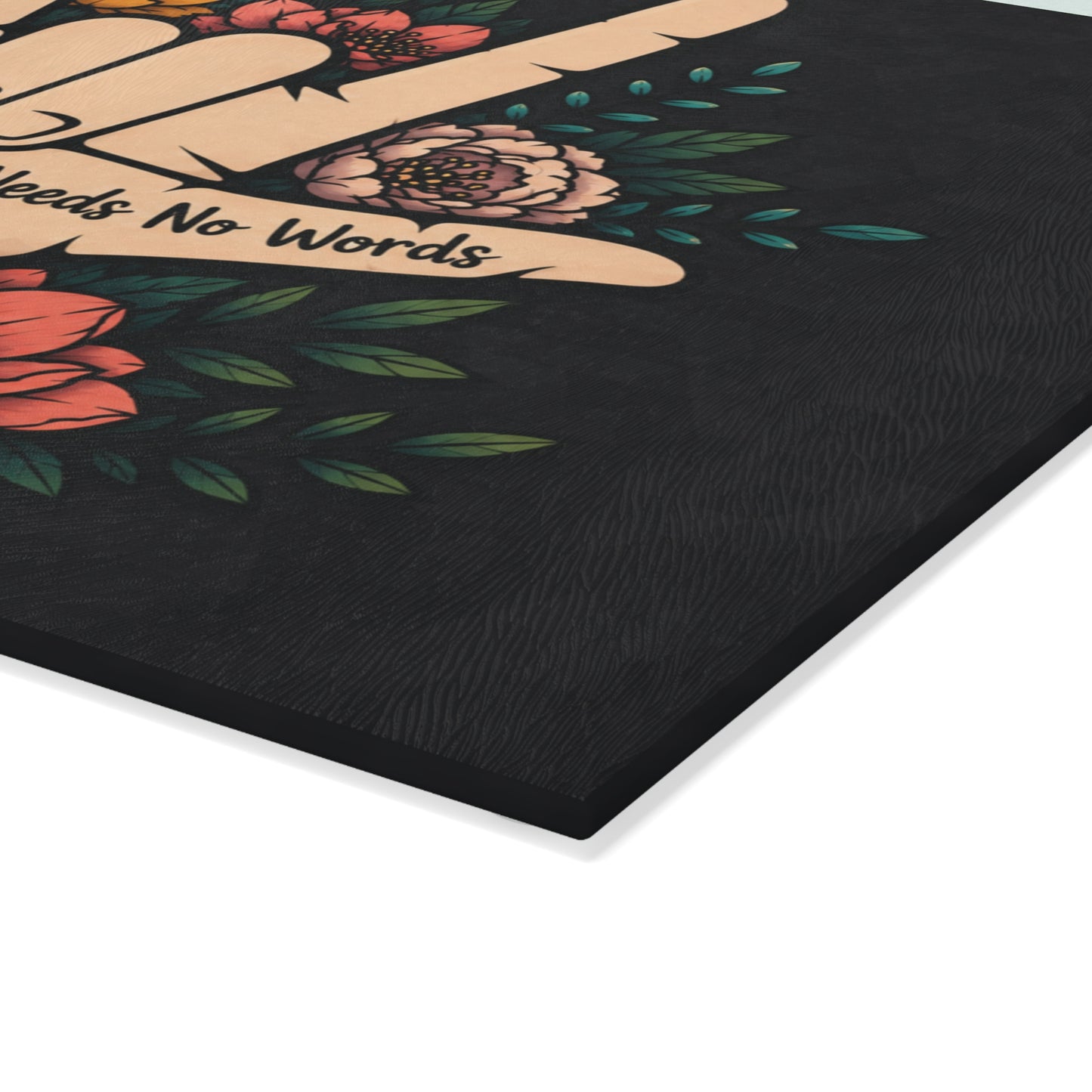 Love Needs No Words Glass Cutting Board – Floral ASL Hand Design