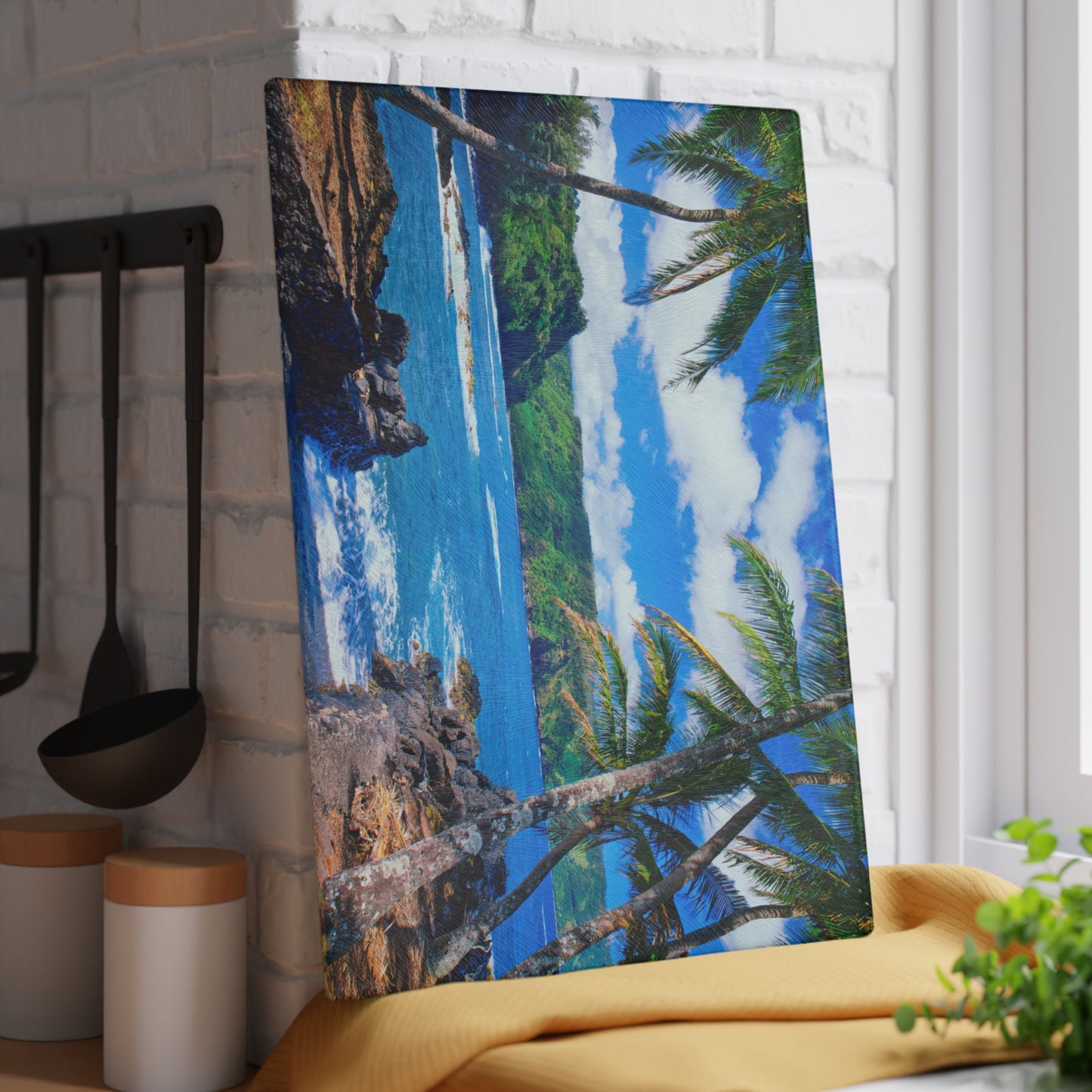 Beach & Palm Trees Glass Cutting Board – Coastal Kitchen Decor
