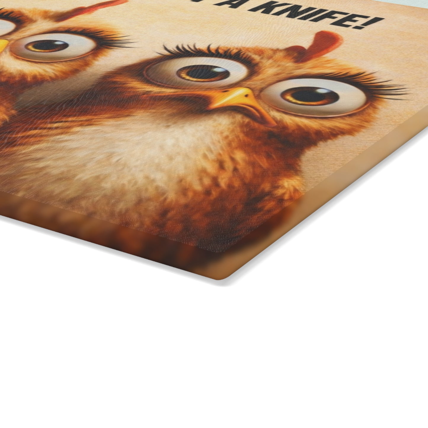 RUN! She’s Got a Knife Glass Cutting Board – Wide-Eyed Chicken Panic Farmhouse Artwork