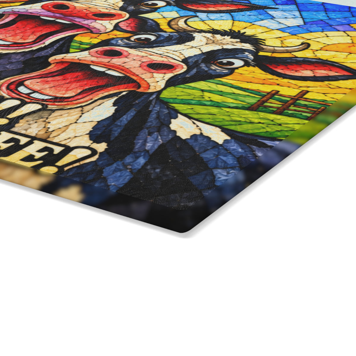 Mooove! She Has a Knife! Funny Cow Stained-Glass-Inspired Glass Cutting Board