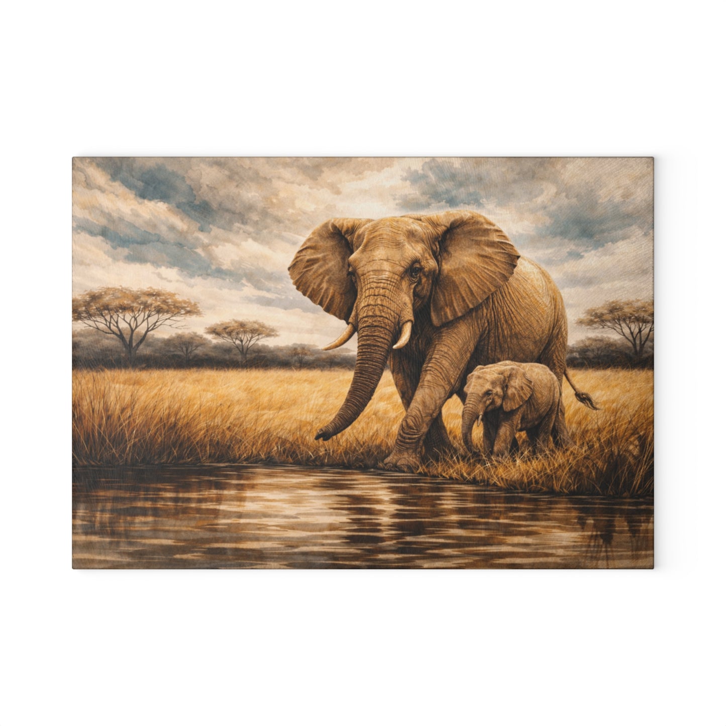 Safari Elephant and Calf Glass Cutting Board – African Wildlife Savanna Artwork