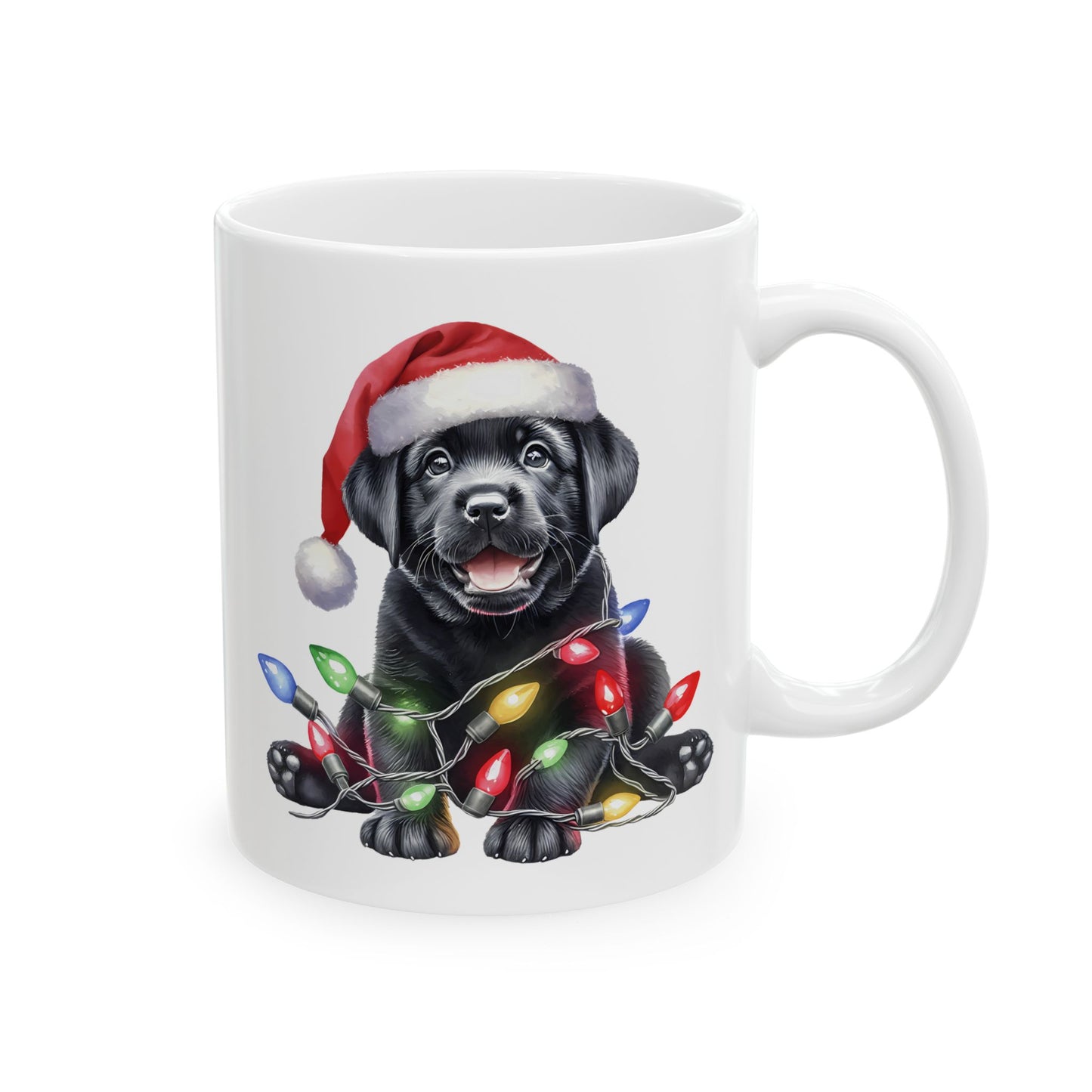 🎄 Labrador Puppy Christmas Mug – Santa Hat & Holiday Lights Cheer 🐾