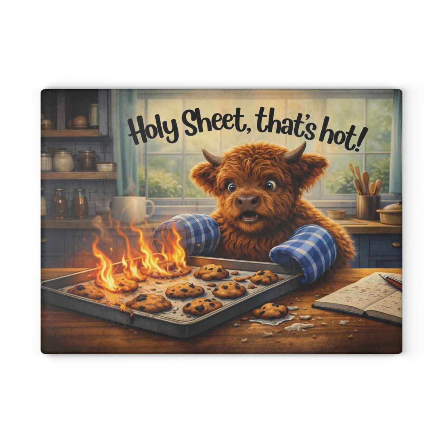 Holy Sheet, That’s Hot! Glass Cutting Board – Funny Highland Cow Baking Art