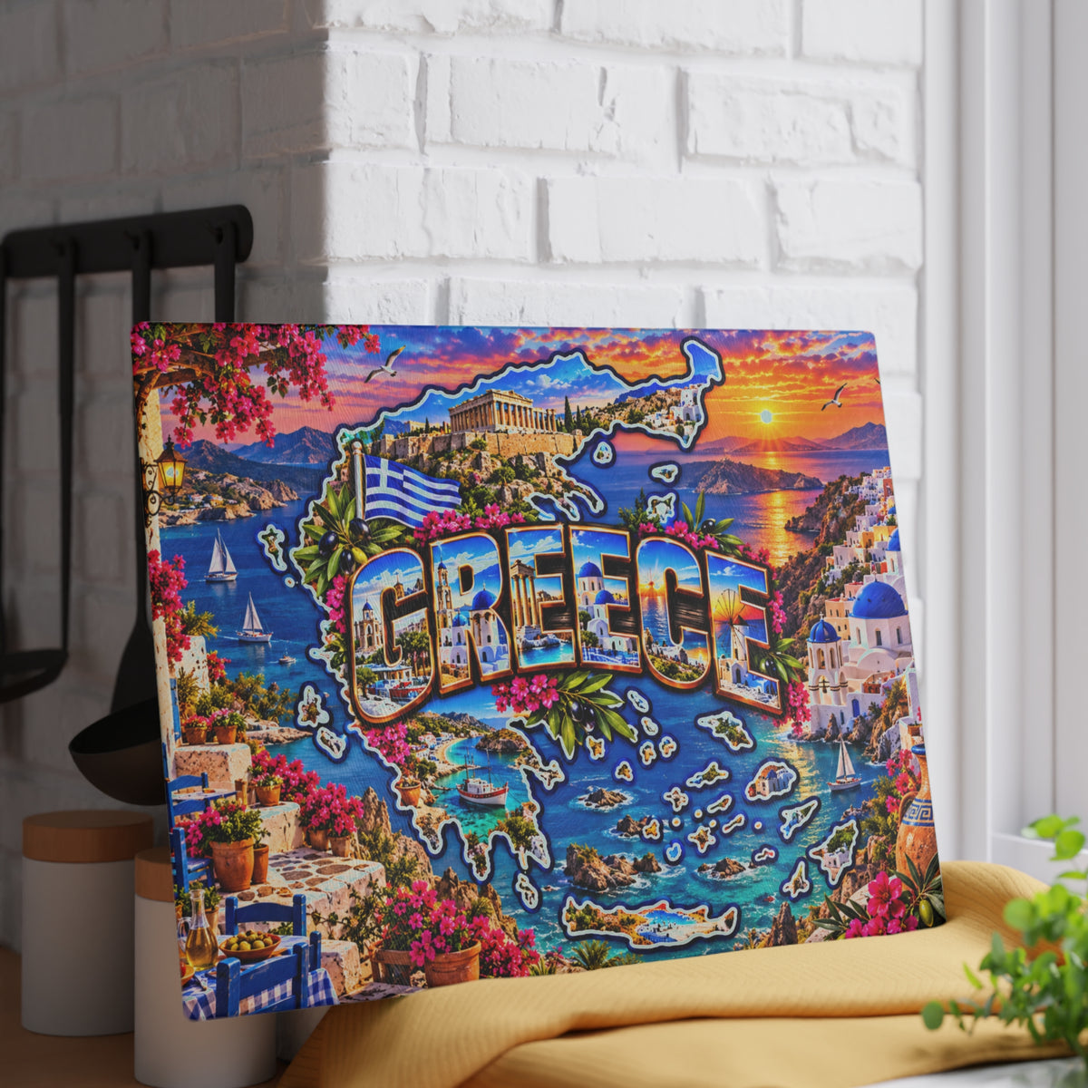 Greece Cutting Board – Greek Islands Map, Santorini Blue Domes, Parthenon, Aegean Sea & Mediterranean Kitchen Décor