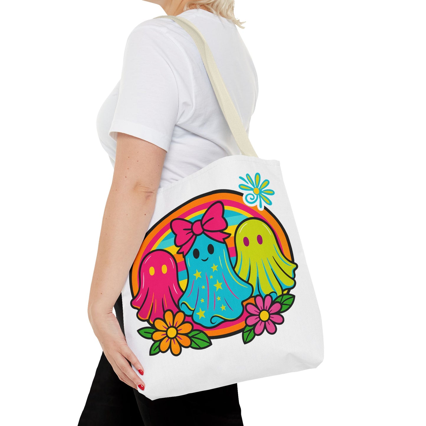 🌈 Retro Rainbow Ghosts Tote Bag – Groovy Spooky Fun 👻👜