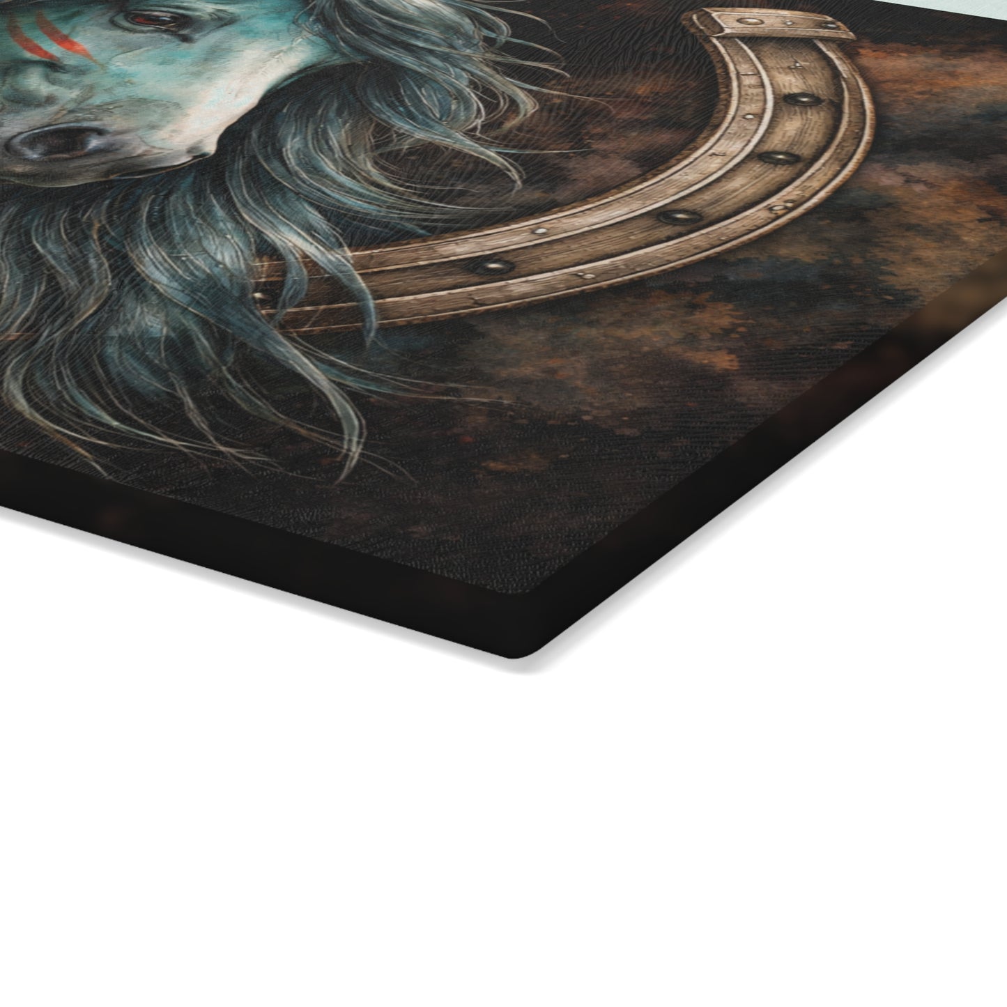 Spirit Horse Horseshoe Glass Cutting Board – Western Equine Art with Rustic Strength