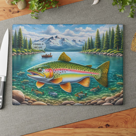 Fishing Is My Life Glass Cutting Board – Colorful Trout Lake Fishing Artwork