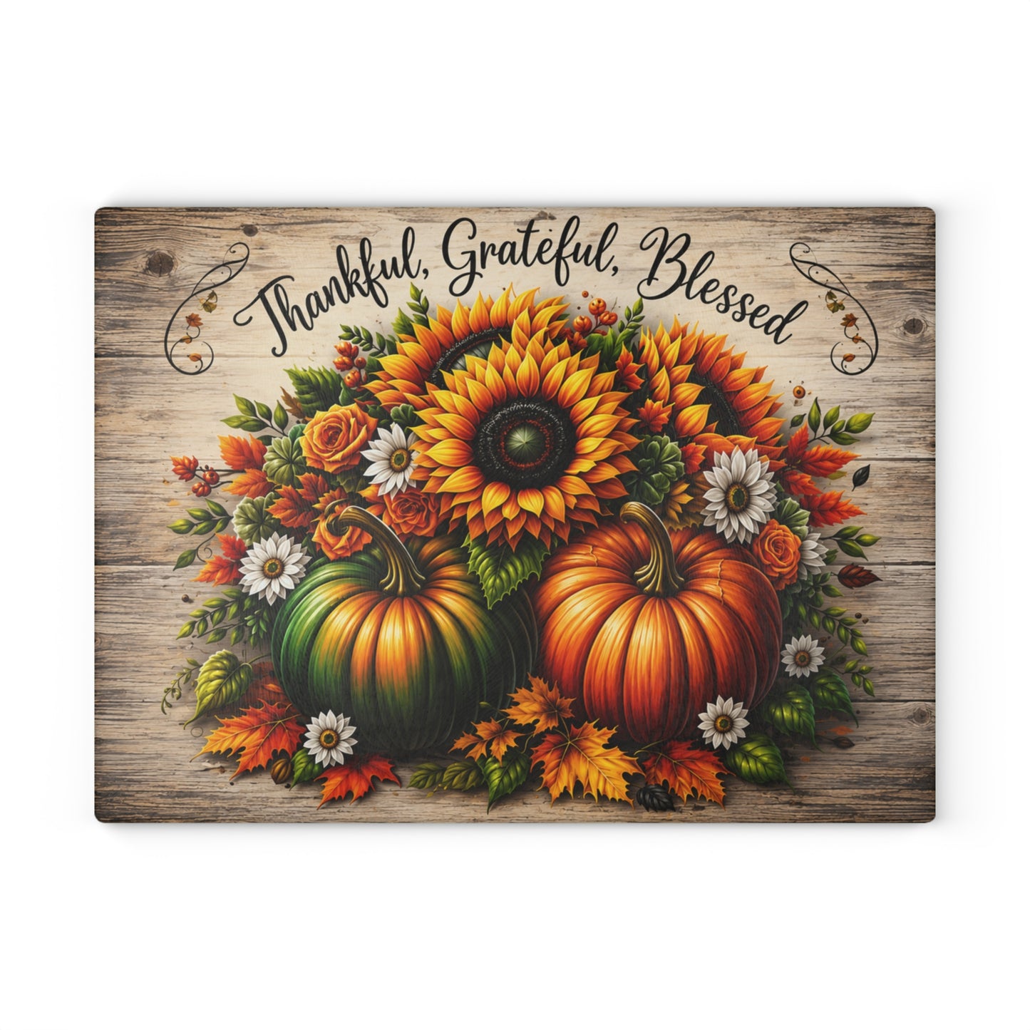 Thankful Grateful Blessed Sunflower & Pumpkin Glass Cutting Board – Fall Harvest Kitchen Decor