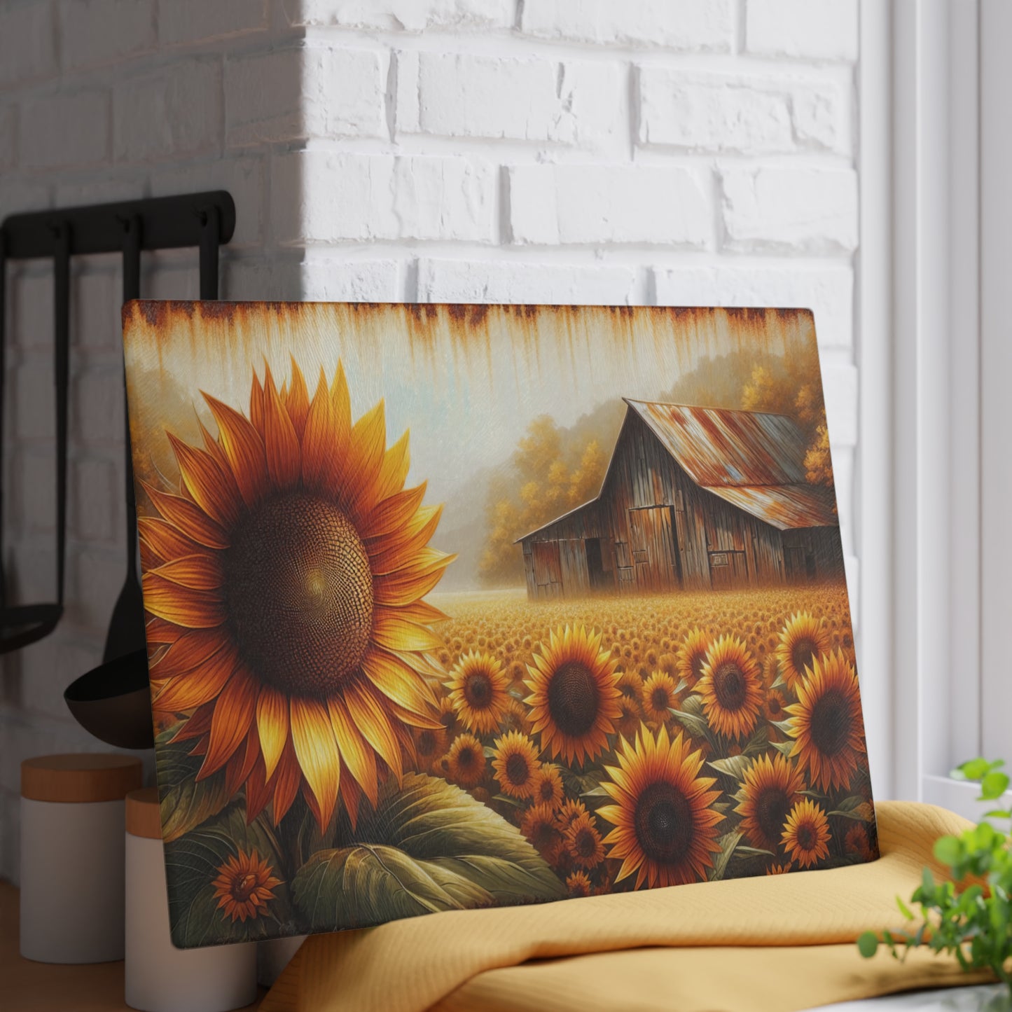 🌻🏡 Rustic Sunflower Barn Cutting Board – Timeless Farmhouse Elegance for Your Kitchen 🌾