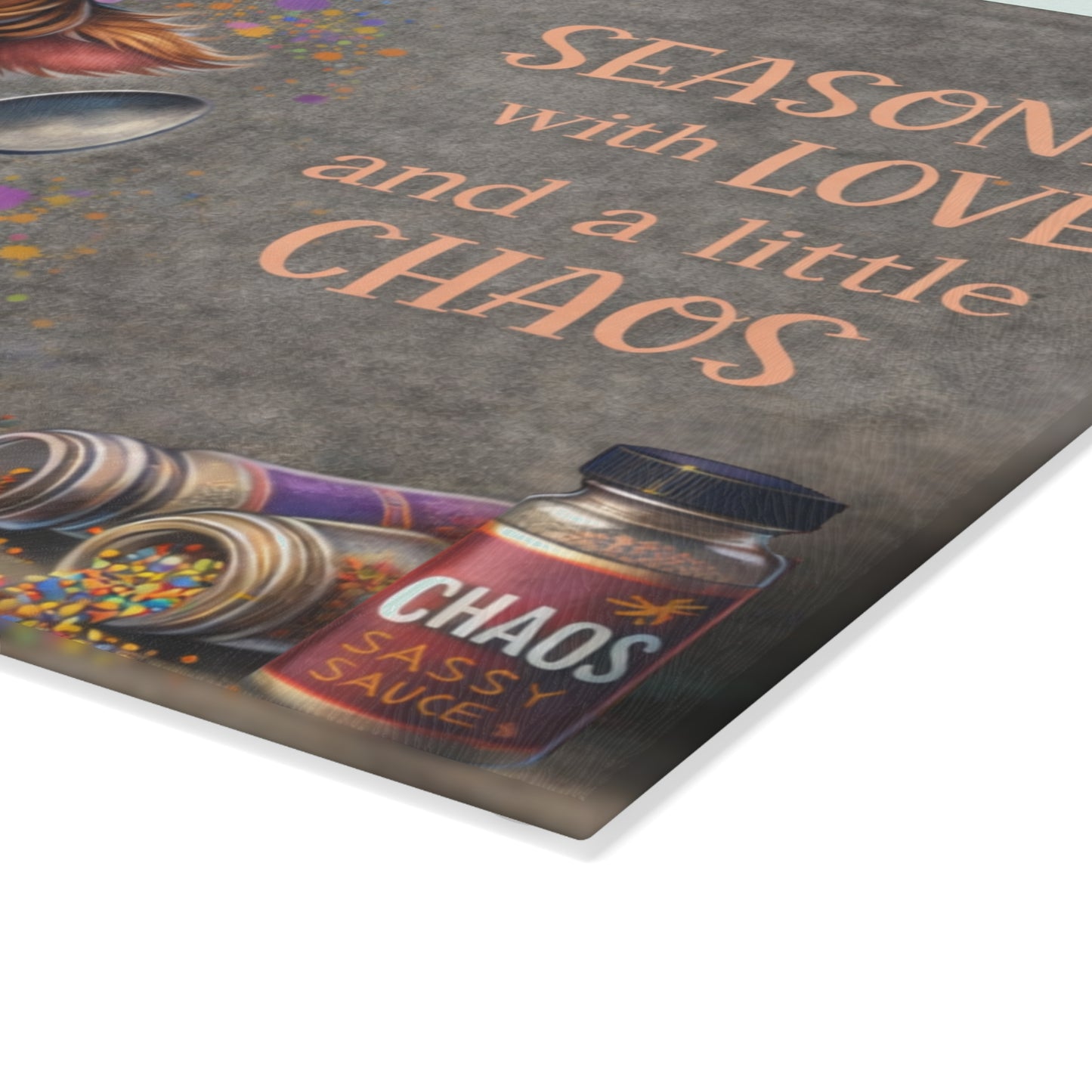 Seasoned With Love and a Little Chaos Glass Cutting Board