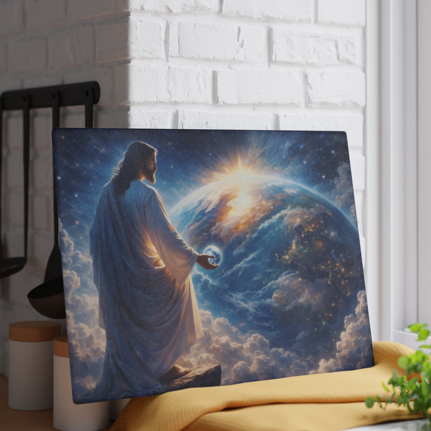 King of Creation Glass Cutting Board – Faith-Inspired Artwork Holding the World