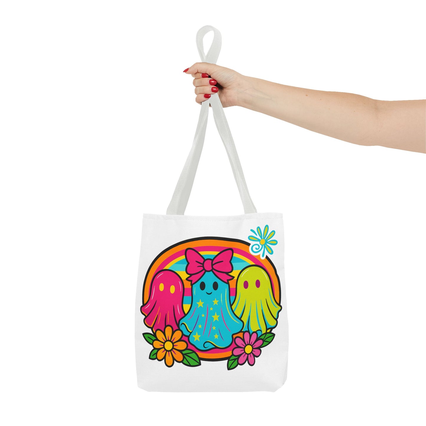 🌈 Retro Rainbow Ghosts Tote Bag – Groovy Spooky Fun 👻👜
