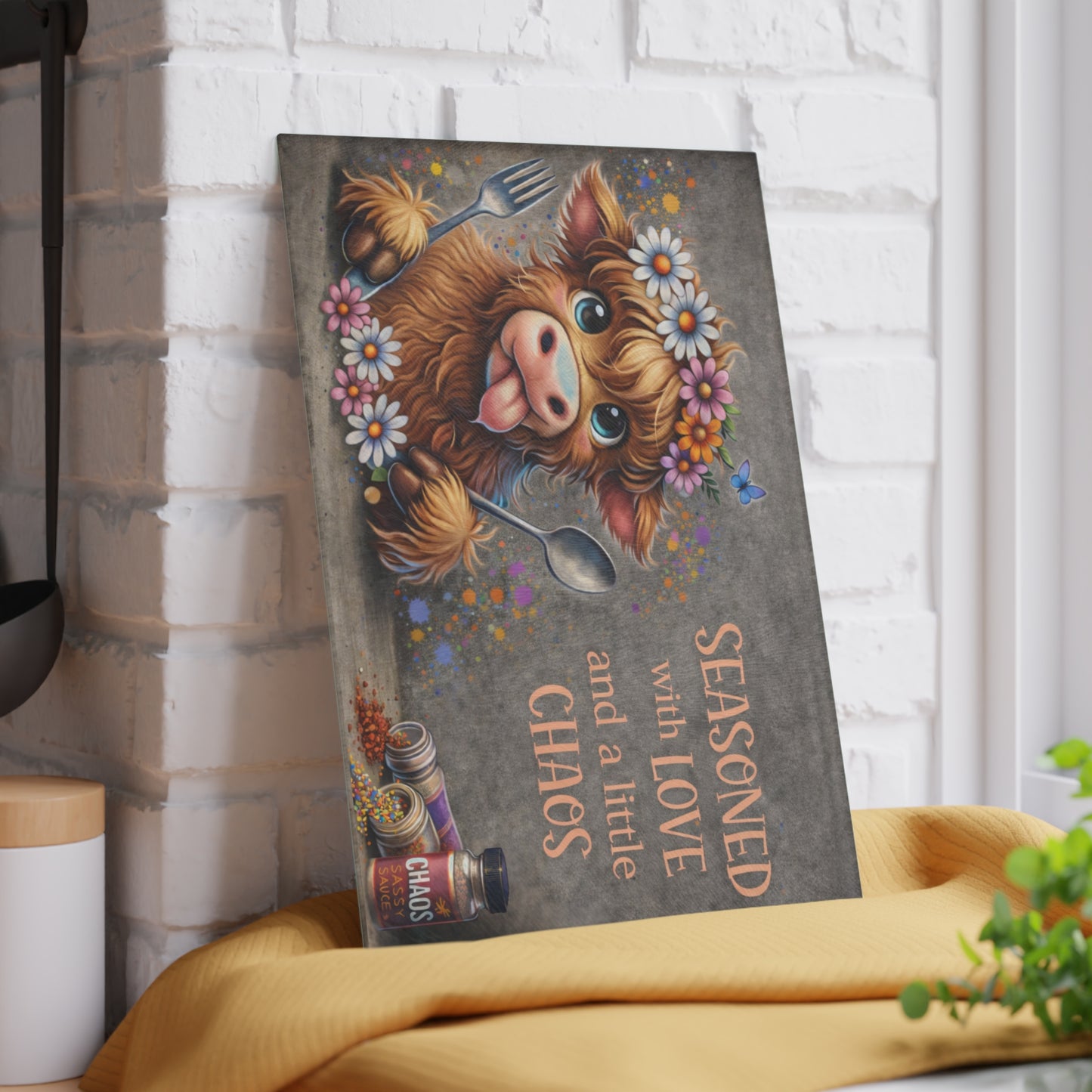 Seasoned With Love and a Little Chaos Glass Cutting Board