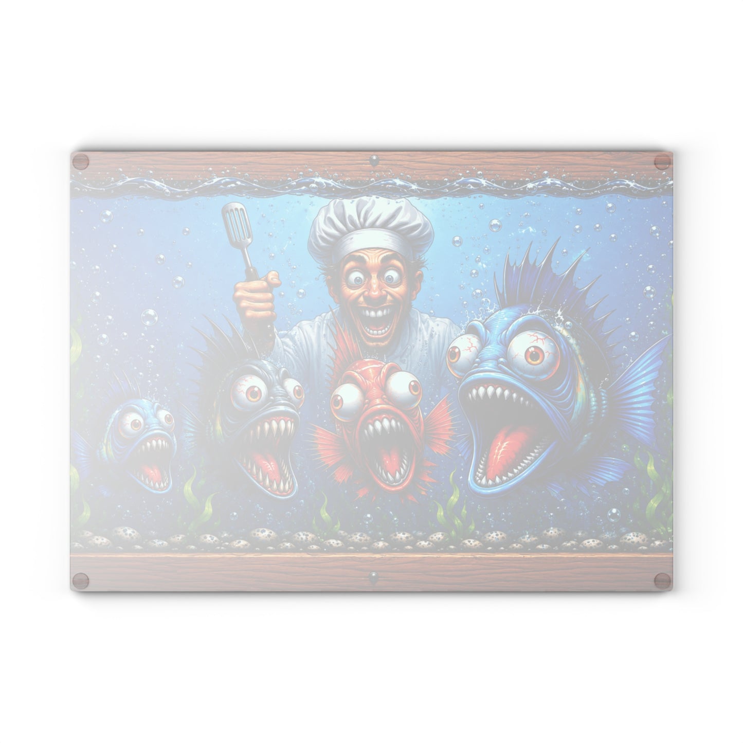 Kitchen Chaos: Fish & Chef Glass Cutting Board – Funny Aquarium Kitchen Décor
