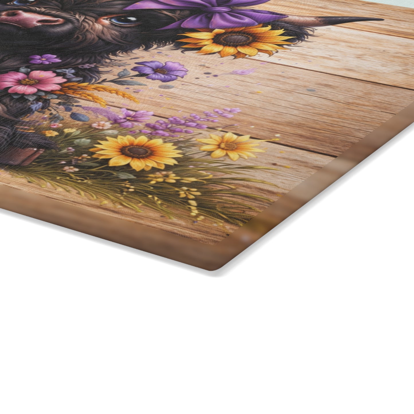 Sunflower Bow Highland Calf Glass Cutting Board – Rustic Farm Animal Art with Floral Country Charm