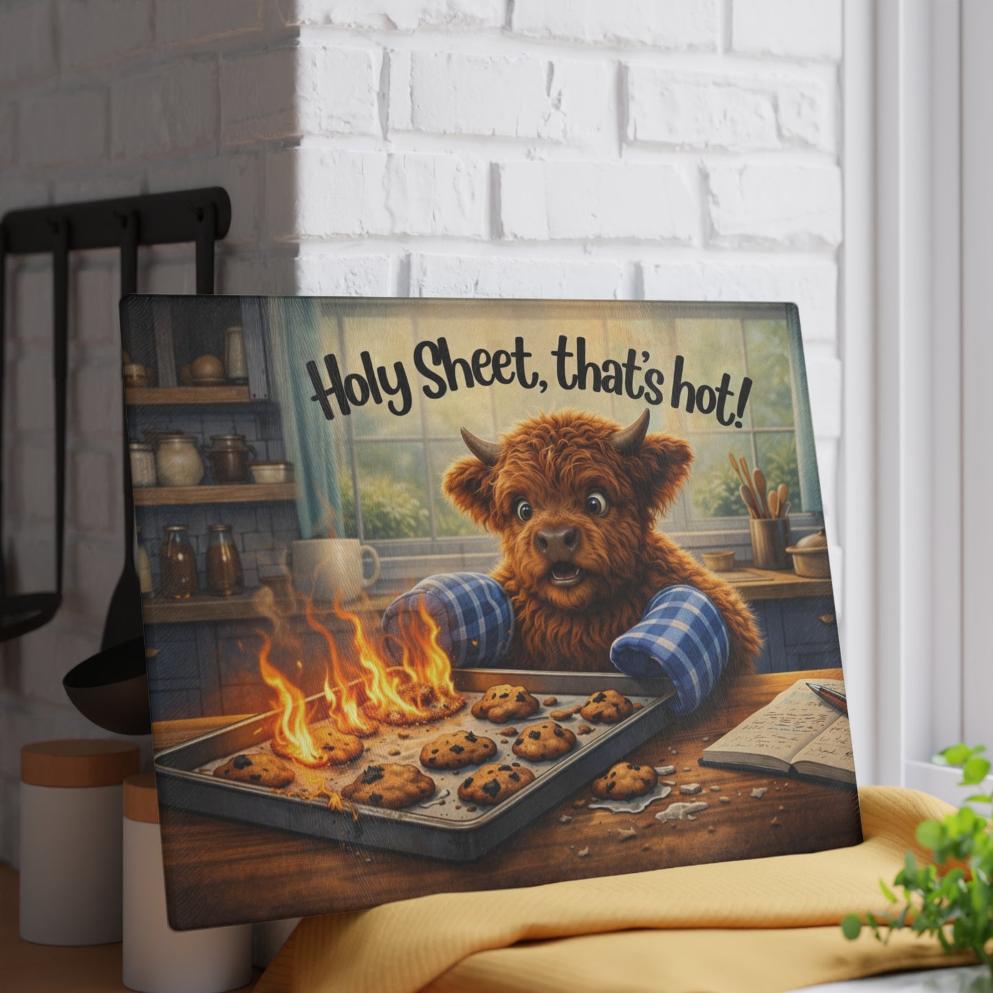 Holy Sheet, That’s Hot! Glass Cutting Board – Funny Highland Cow Baking Art
