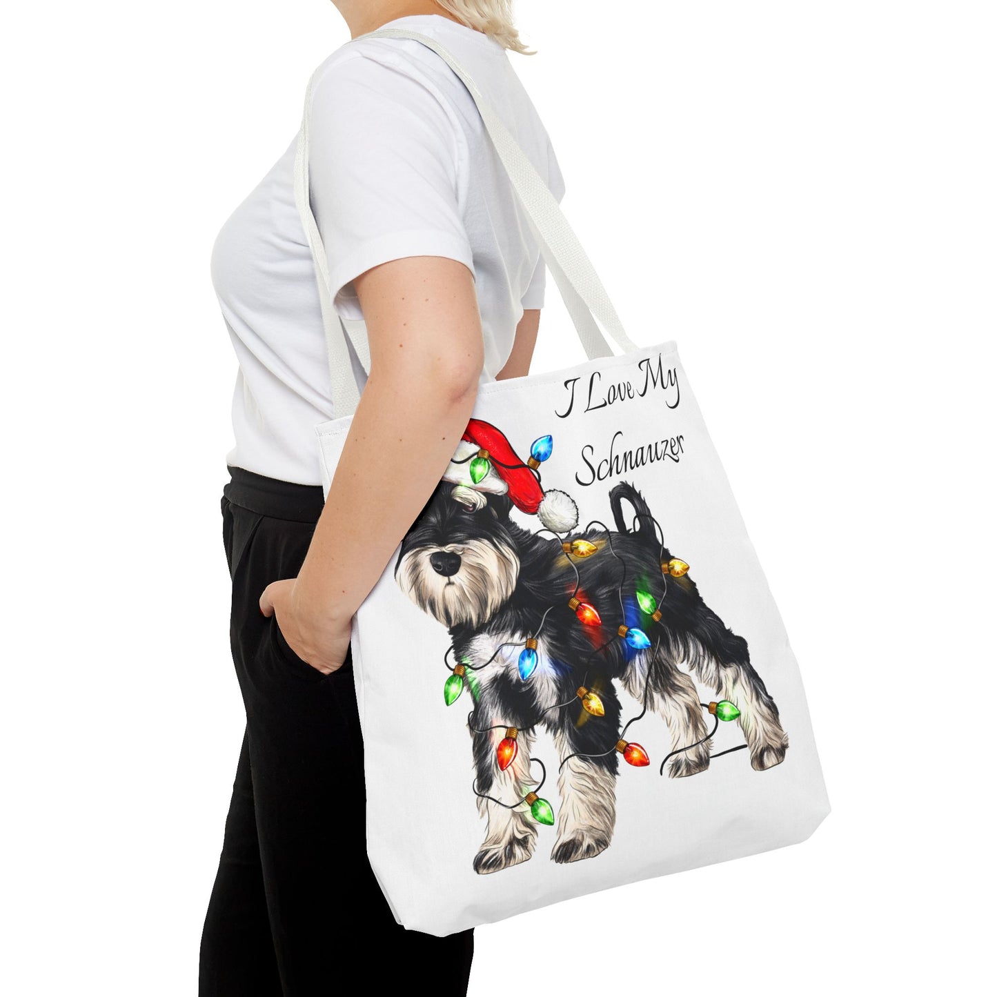 🎄 I Love My Schnauzer Tote Bag – Christmas Lights & Holiday Woofs 🐾