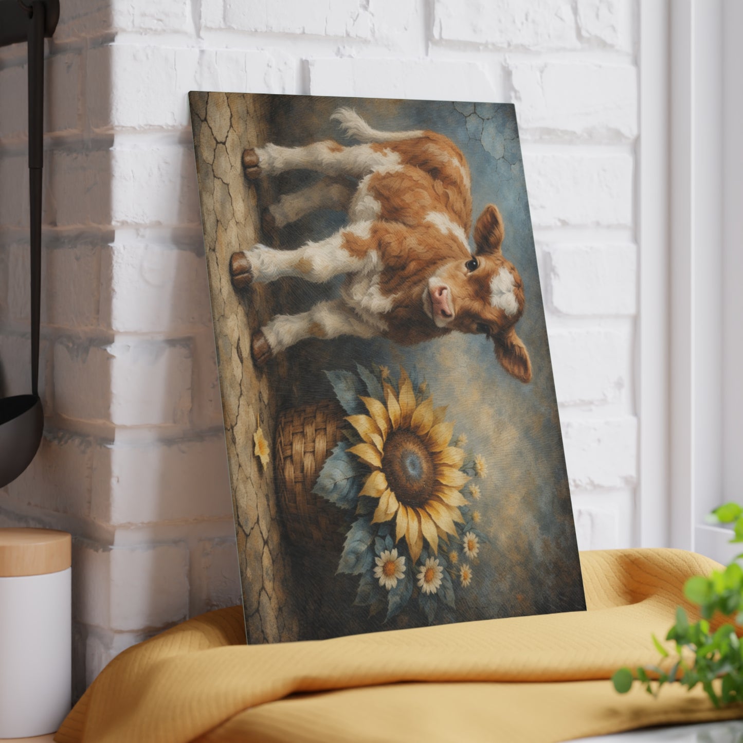 Sunflower Calf Glass Cutting Board – Rustic Farmhouse Kitchen Decor