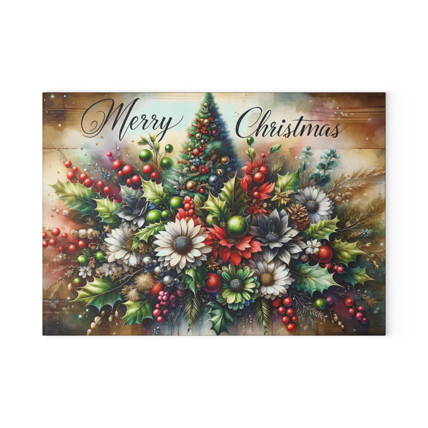 🎄✨ “Merry Christmas Bouquet” Glass Cutting Board – Festive Holiday Centerpiece for Your Kitchen
