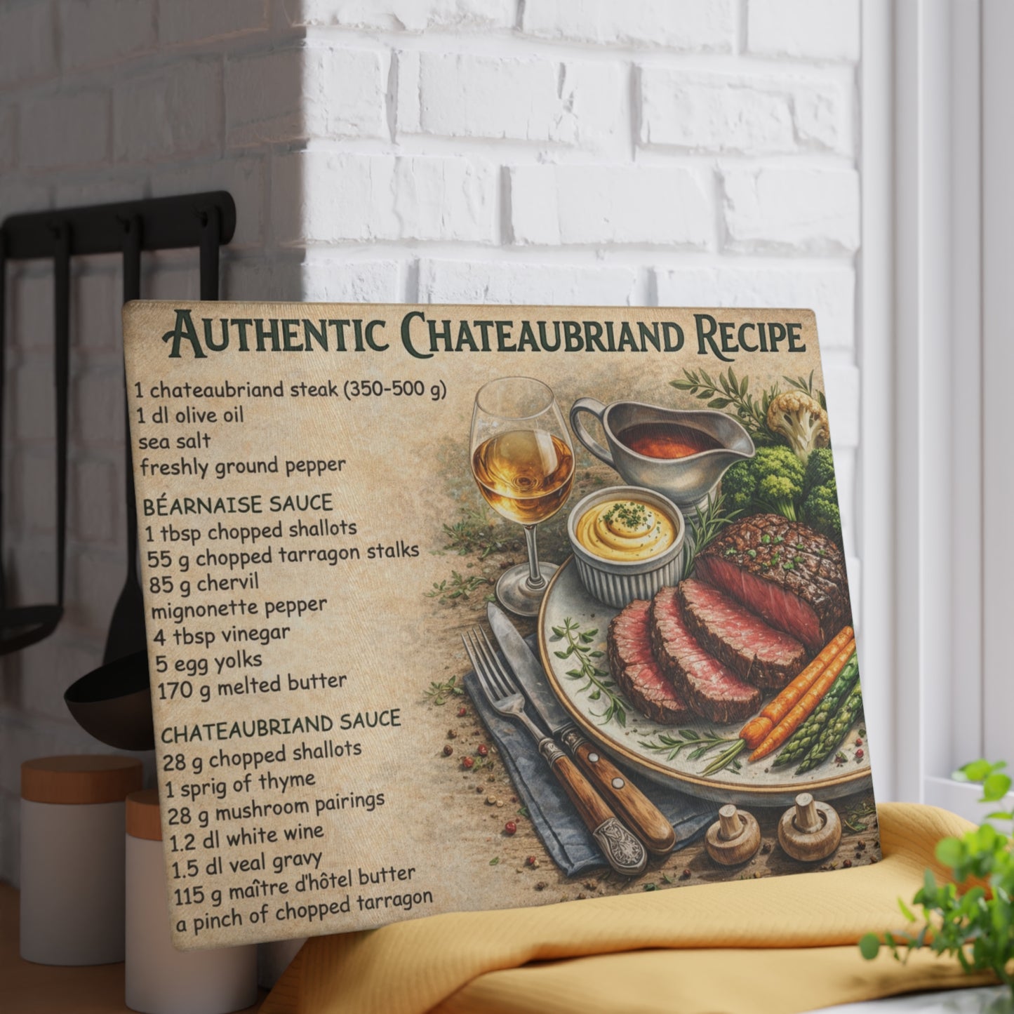 Authentic Chateaubriand Recipe Glass Cutting Board – Classic French Steak Kitchen Art