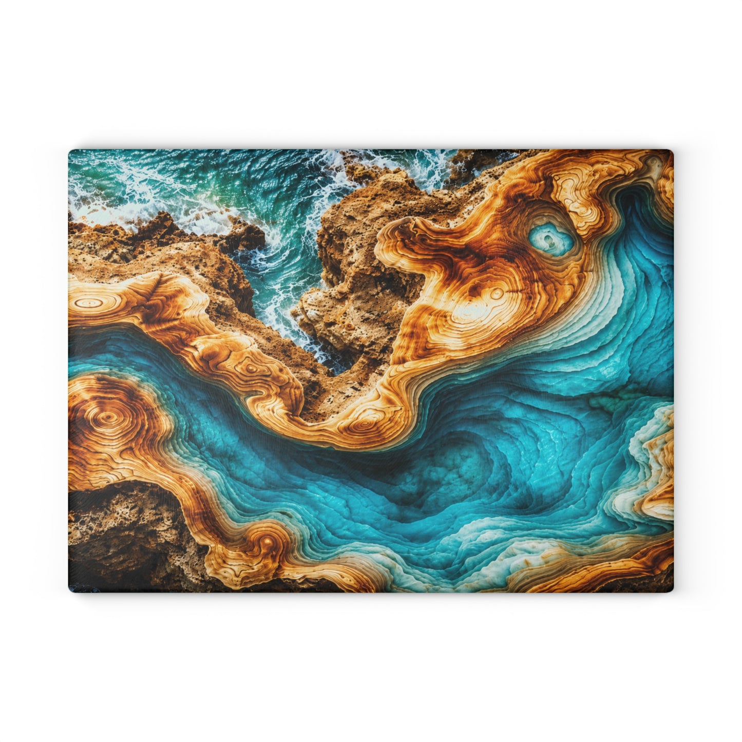 Coastal Ocean Resin-Style Abstract Glass Cutting Board – Turquoise Shoreline Artwork