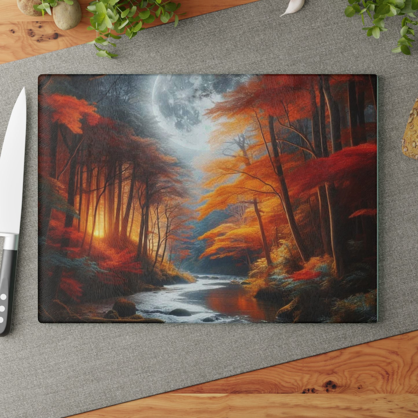 🌕🍂 Autumn Moon Glow Cutting Board – Enchanted Forest River Art 🍂🌕