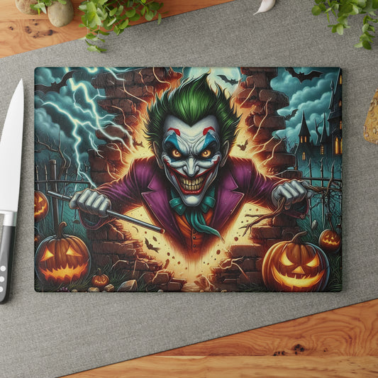 🎃 Sinister Clown Explosion Cutting Board – Halloween Mayhem with Pumpkins, Lightning & Haunted Vibes 💥💀