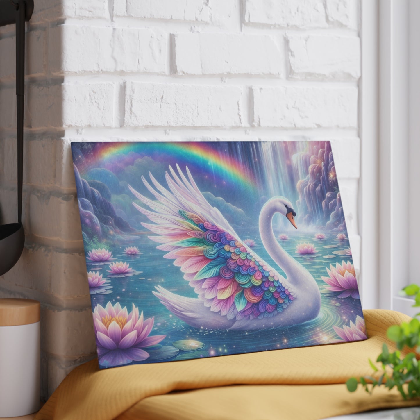 Rainbow Swan Fantasy Glass Cutting Board – Dreamy Water Garden Kitchen Art