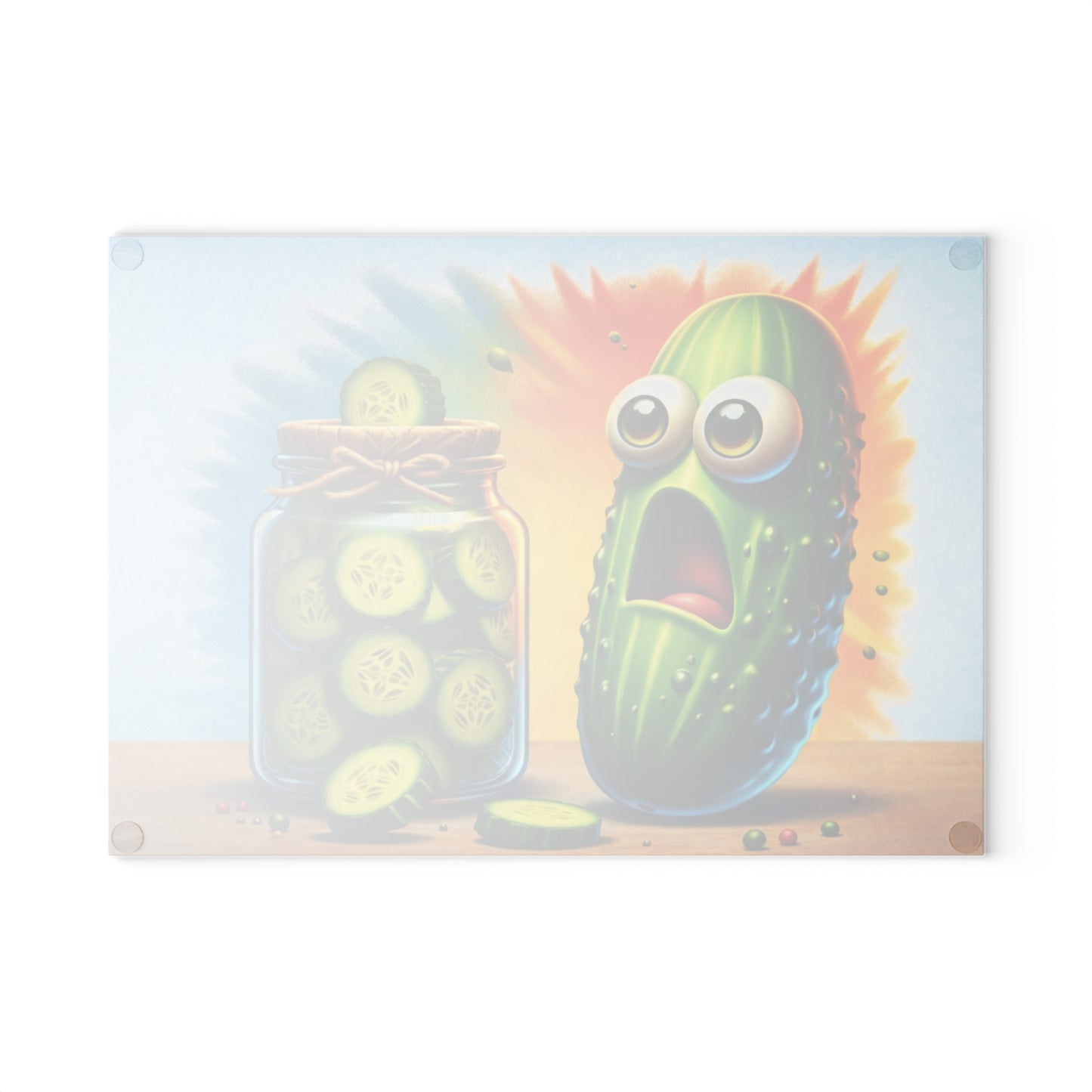 Pickled Shock Glass Cutting Board – Funny Pickle Kitchen Art with Surprised Expression