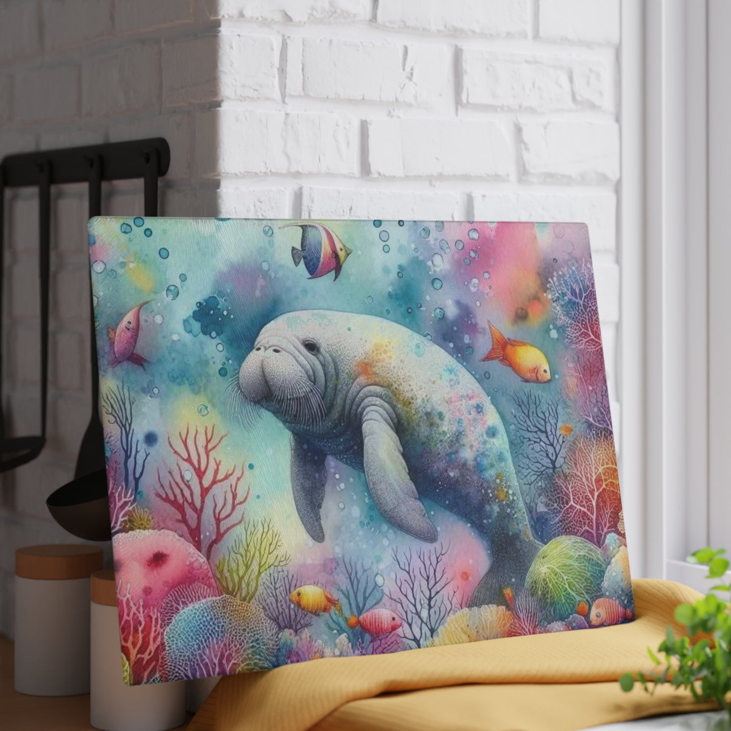 Tabla de cortar de manatí, vidrio texturizado, decoración de cocina de primavera de Florida, regalo para el hogar costero, inauguración de la casa en la playa, amante de los manatíes, arte marino, náutico