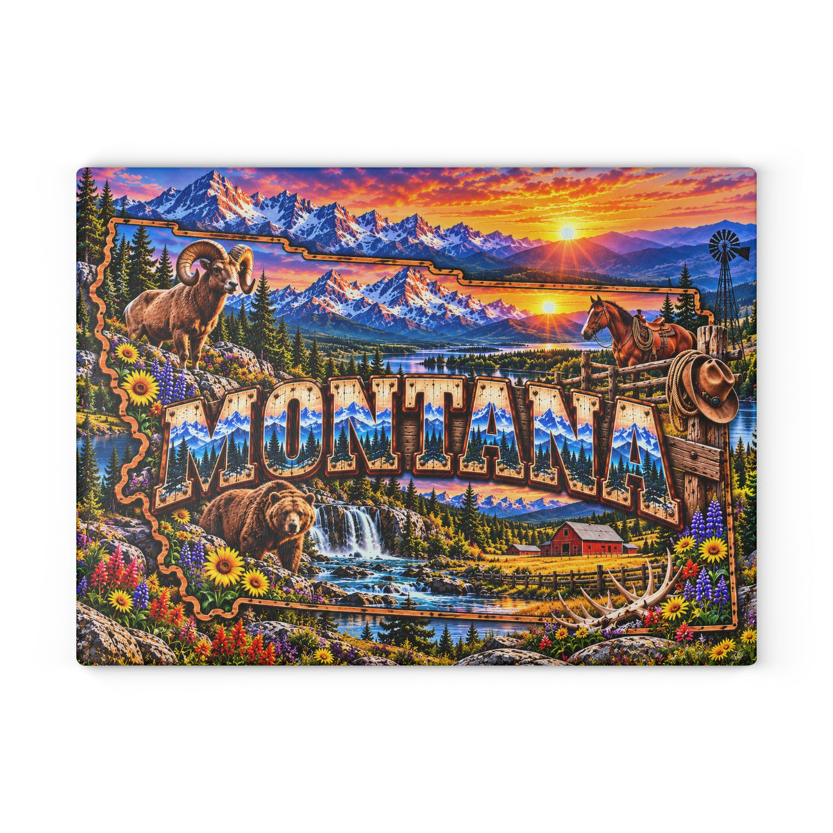 Montana Mountain Sunset Glass Cutting Board – Rustic Wildlife, Western Ranch & Scenic Landscape Kitchen Décor