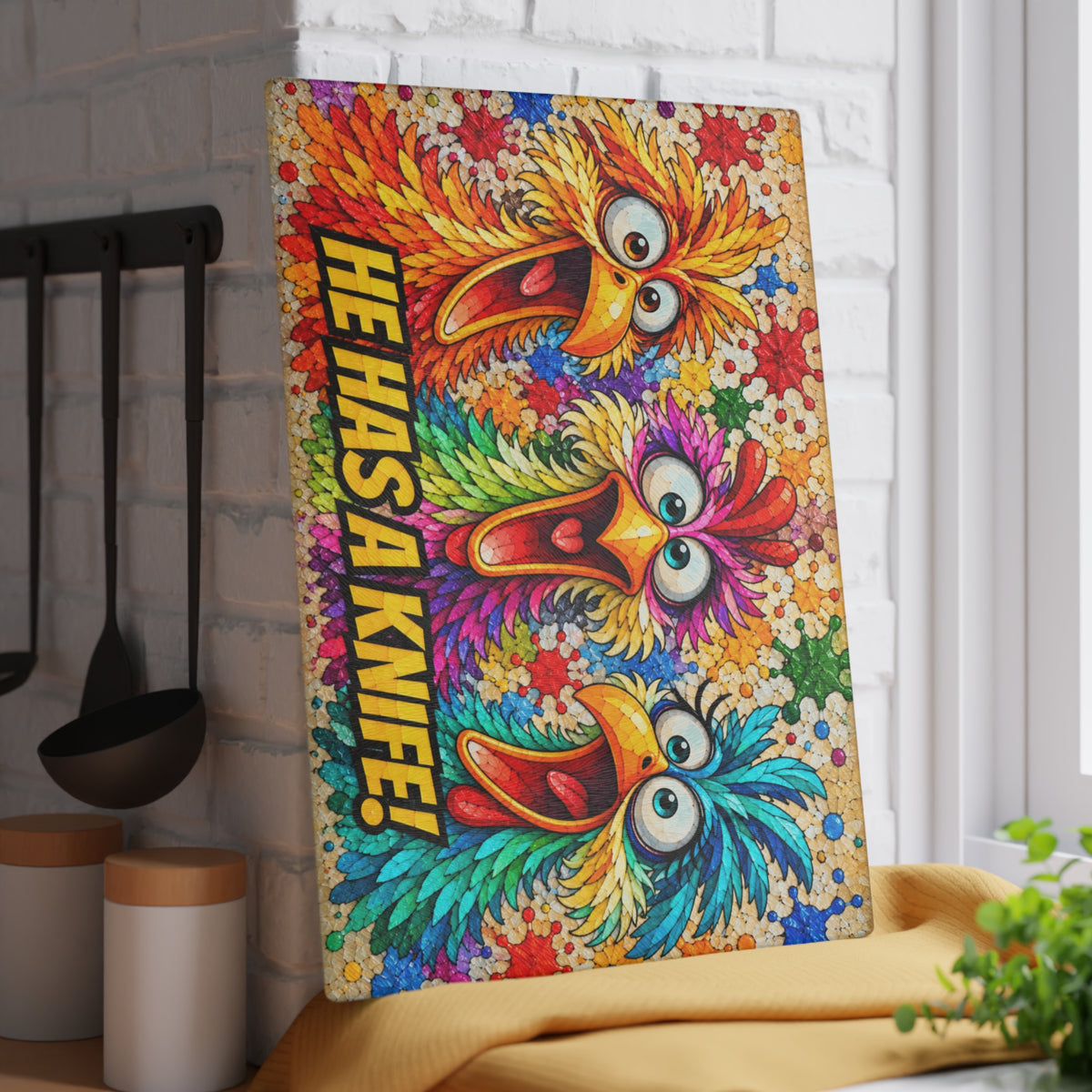 He Has a Knife! Funny Colorful Birds Stained-Glass-Inspired Glass Cutting Board