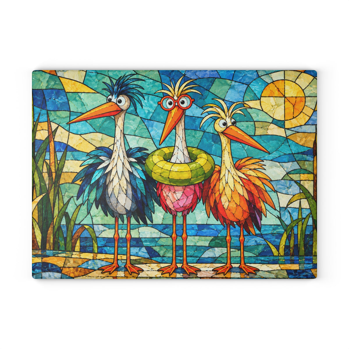 Funny Colorful Birds Stained-Glass-Look Glass Cutting Board – Whimsical Bird Kitchen Decor