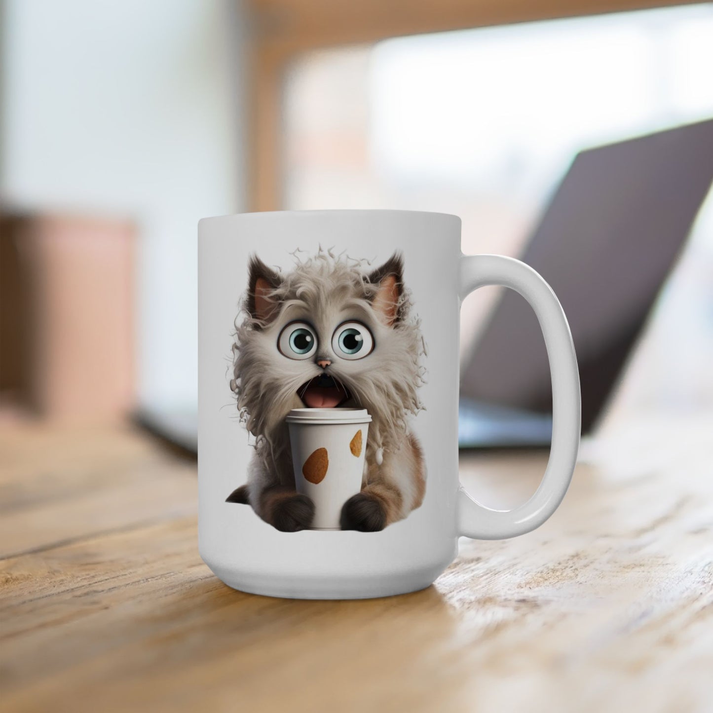Fluffy Cat Coffee Mug – Funny Surprised Cat Holding a Coffee Cup – Personalized