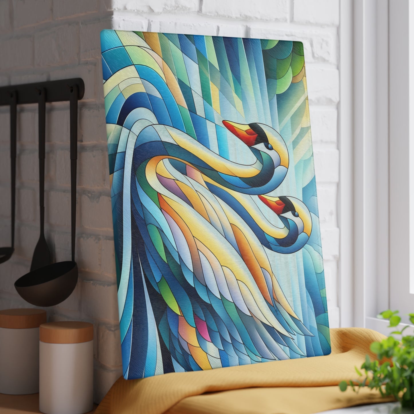 Tabla de cortar de vidrio con dos cisnes cubistas – Escena artística de río