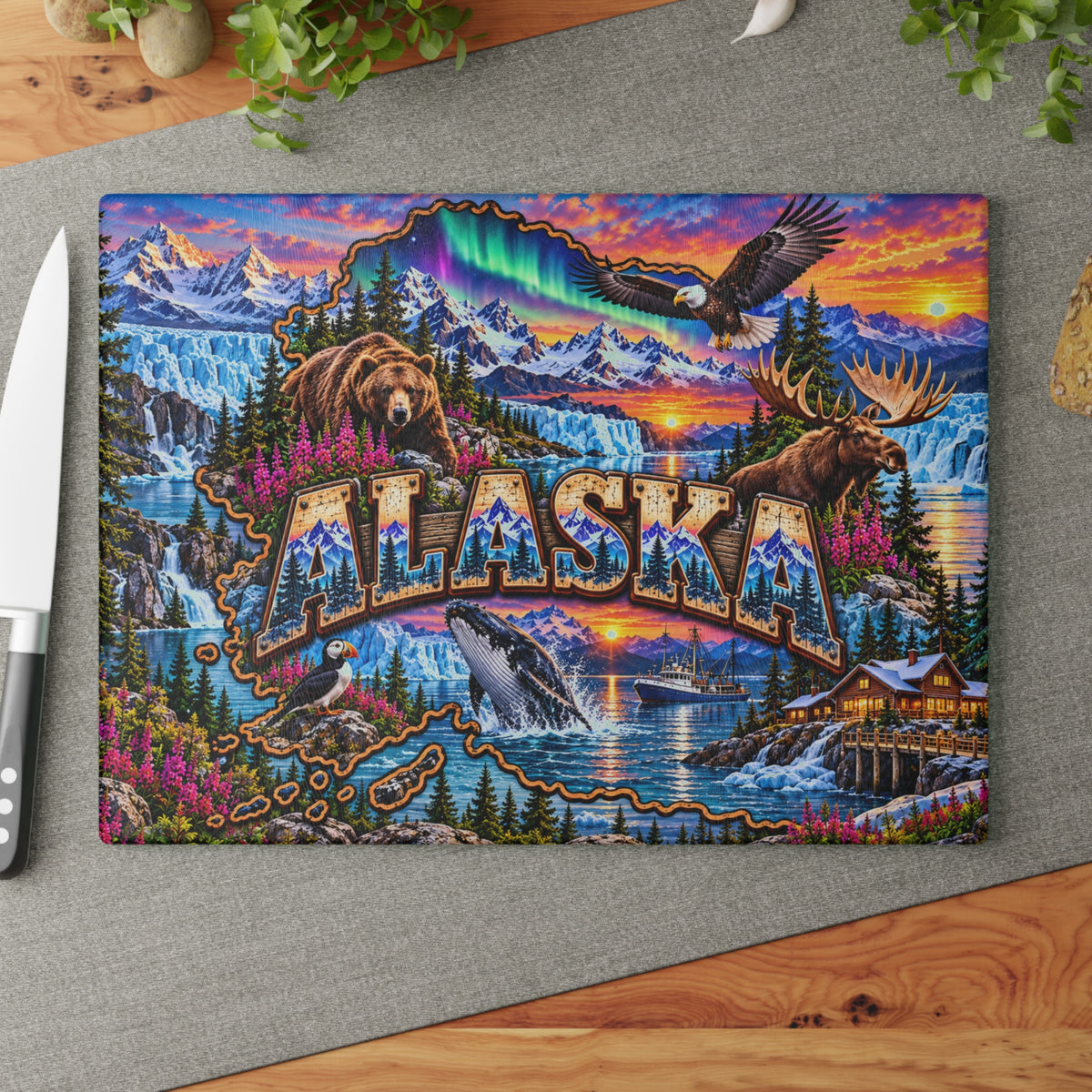 Alaska Scenic Wildlife Glass Cutting Board – Northern Lights, Mountains, Bears, Moose & Coastal Kitchen Décor