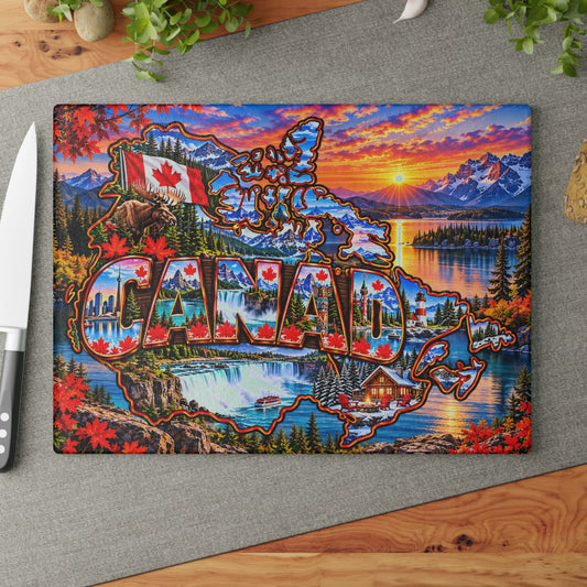 Canada Glass Cutting Board – Canadian Map, Maple Leaves, Moose, Rocky Mountains, Niagara Falls & Scenic Kitchen Décor