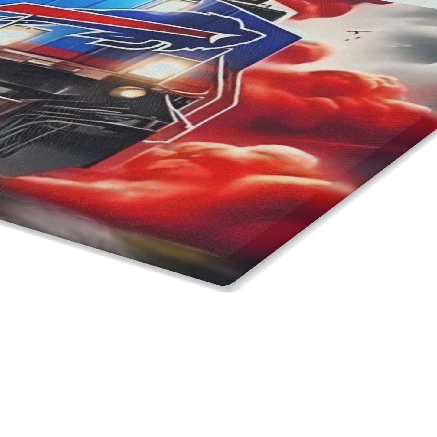 Red & Navy Express Glass Cutting Board – Rugged Train Art for Bold, Classic Kitchens