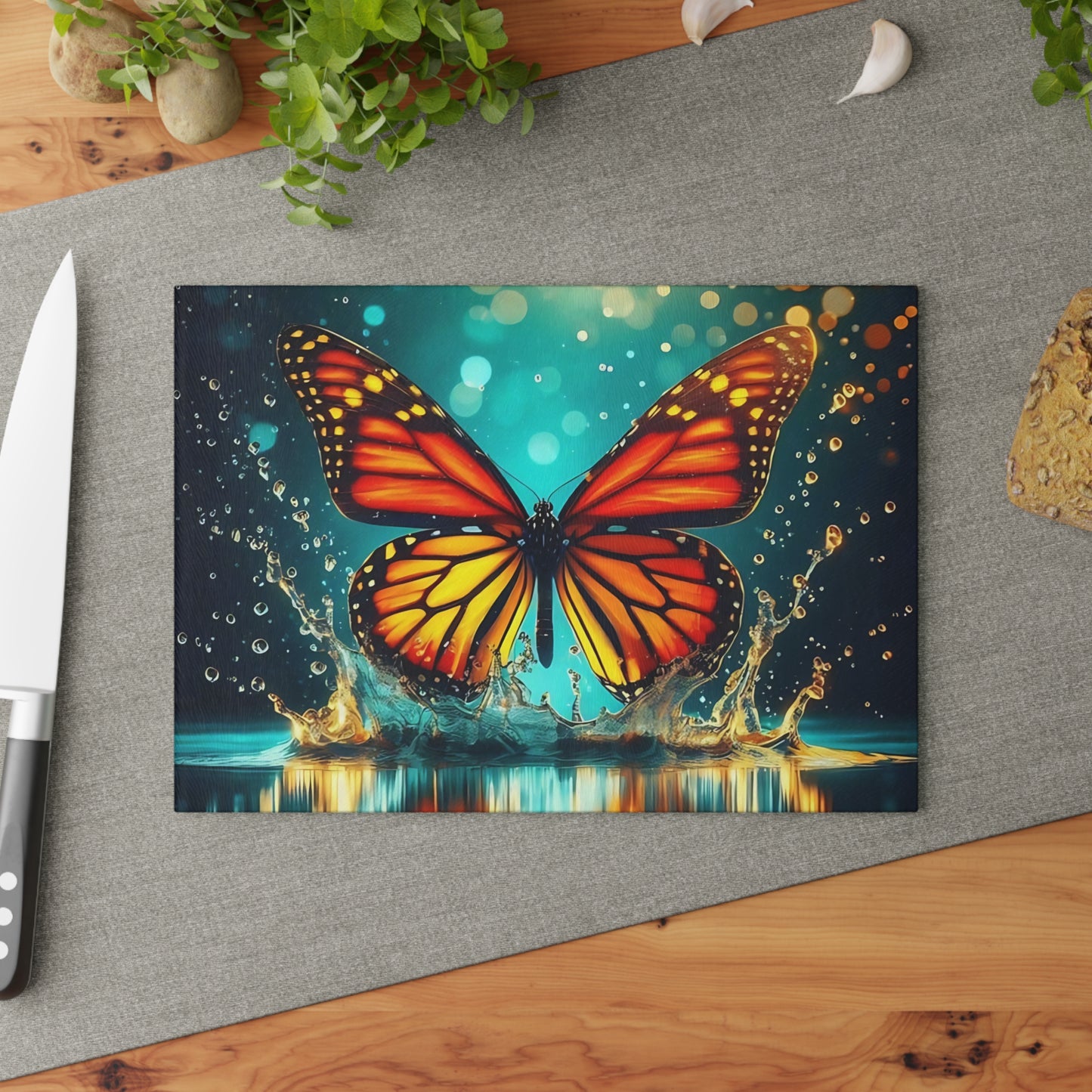 Monarch Butterfly Splash Glass Cutting Board – Vibrant Water Scene, Nature-Inspired Kitchen Decor