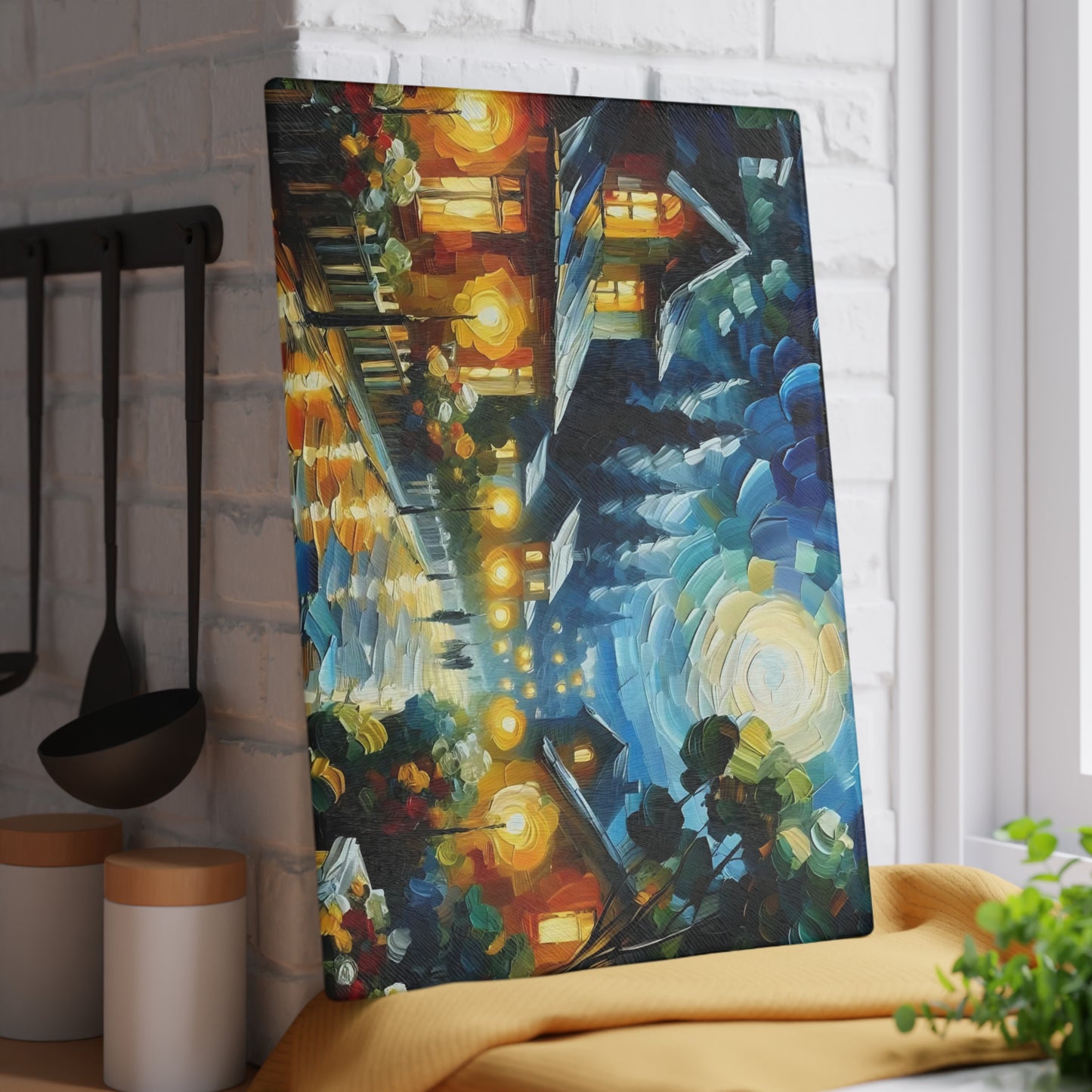 Cozy Moonlit Village Glass Cutting Board