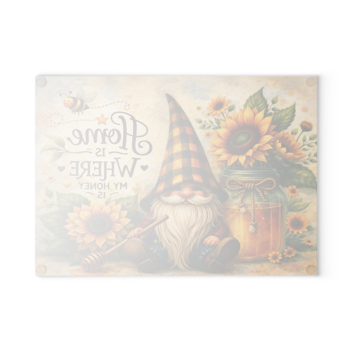 Sunflower Honey Gnome Glass Cutting Board – Cozy Farmhouse Kitchen Decor